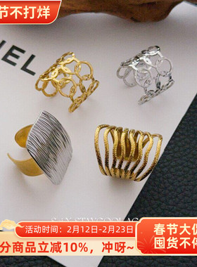 复古中古风钛钢纹理开口戒指女士指环北欧风时髦高级感可调节