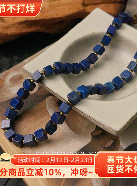 6mm方糖方形串珠青金石项链女士高级感锁骨链北欧复古毛衣链气质