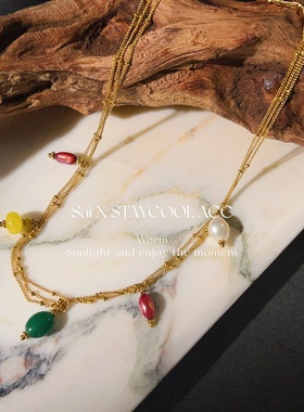 多层细链彩色石淡水珍珠女士项链度假风波西米亚锁骨链高级感