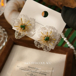 拉丝镂空花朵法式 优雅气质复古女士耳钉耳环高级感轻奢925银针