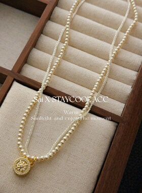 福利八芒星圆形吊坠双层缠绕珠珠链女士项链时髦气质锁骨链毛衣链