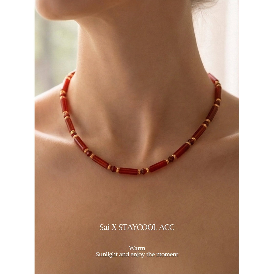 红玛瑙长条桶珠串珠项链女士锁骨链度假轻奢波西米亚风红色