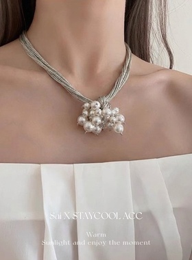 白色珠珠串珠花朵项链双层手链两戴女士毛衣链复古轻奢时髦古典