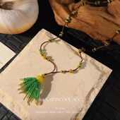 复古绿色流苏手工串珠项链女士毛衣链度假风锁骨链轻奢