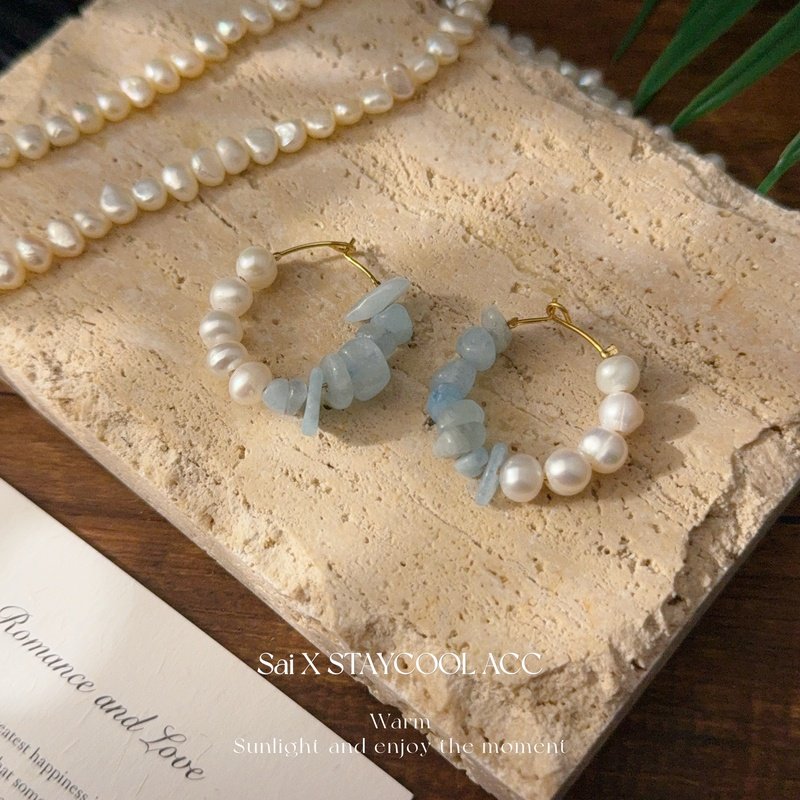 海蓝宝淡水珍珠女士耳环耳圈高级感复古法式耳钉度假风