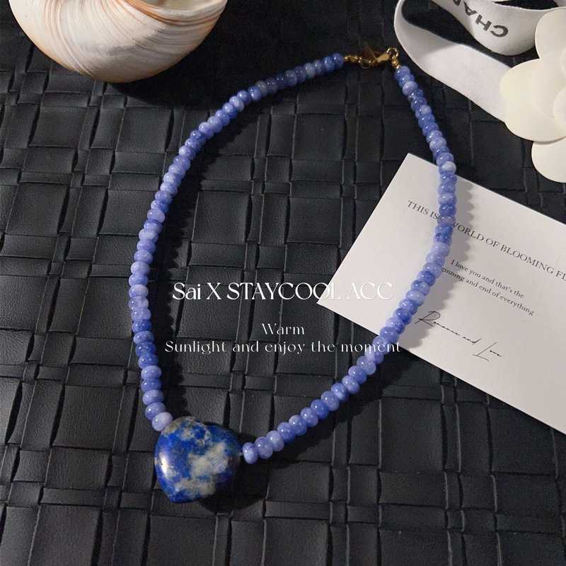 复古青金石爱心吊坠天蓝色算盘珠串珠女士项链高级感度假风锁骨链