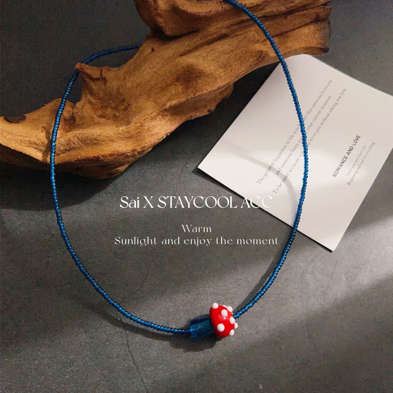 925银可爱波点琉璃红蘑菇项链女士锁骨链蓝色进口米珠韩版简约