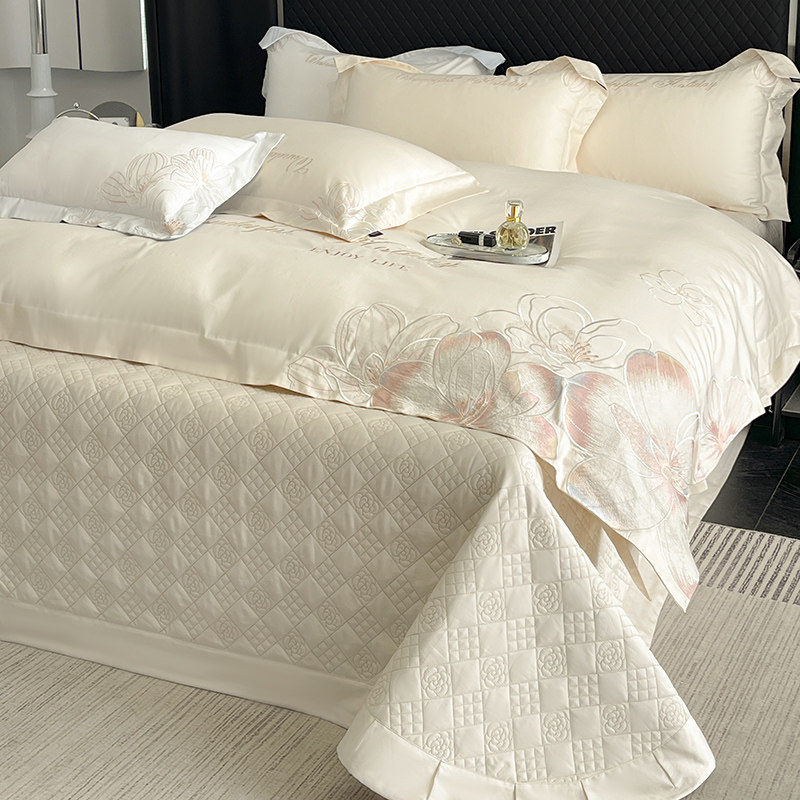 高端夹棉A类200支长绒棉四件套床盖防滑全棉纯棉刺绣被套加厚床品