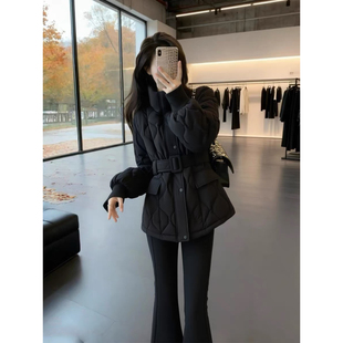 保暖棉服女款2025新款冬高级感超好看气质收腰黑色菱格夹棉厚外套