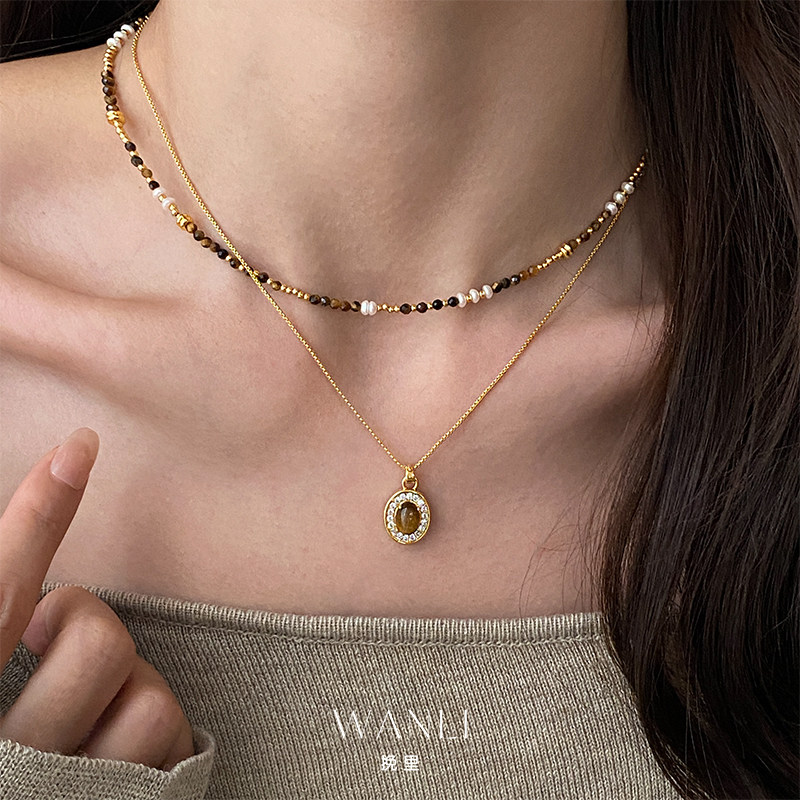 挽里美拉德双层叠戴虎眼石吊坠项链高级感轻奢锁骨链女款2026新款