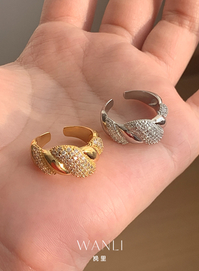 挽里麻花镶钻锆石戒指女夸张指环