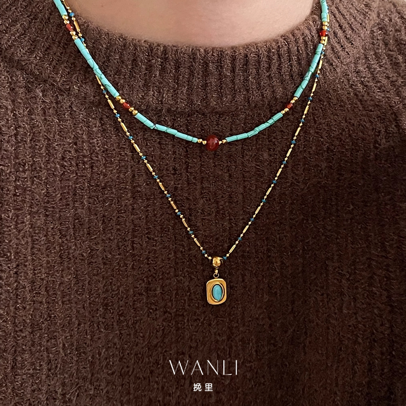 挽里绿松石串珠高级感复古项链叠戴锁骨链吊坠民族风女款串珠颈链