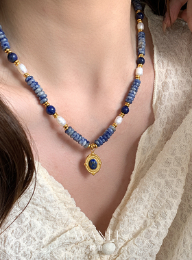挽里蓝色天然石夸张项链秋冬女款