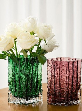 加厚轻奢玻璃花瓶高级感绿色客厅餐桌意式摆件地中海风海洋蓝插花