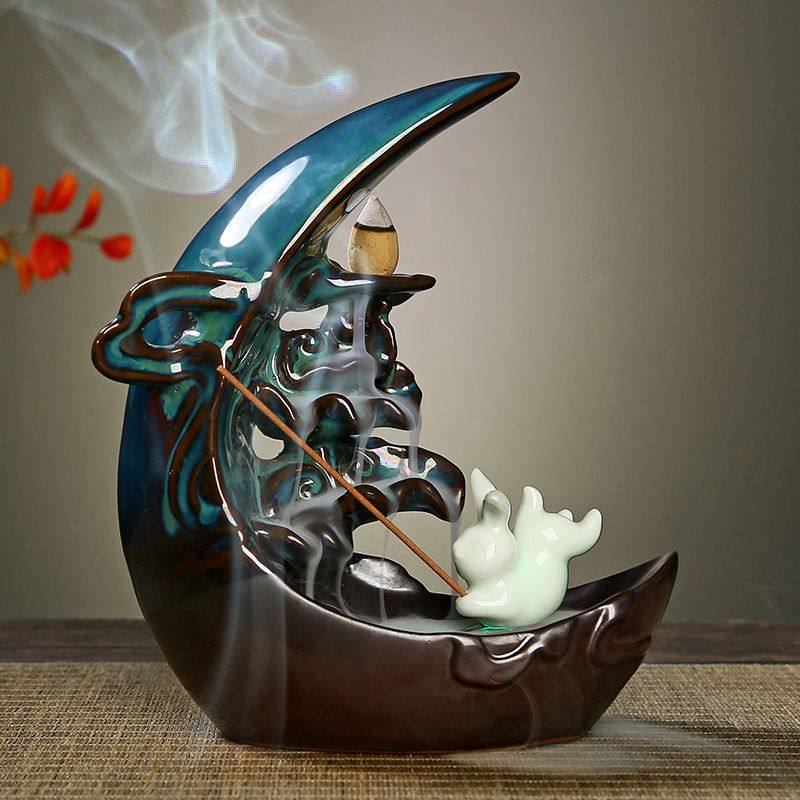 新品欧美蓝色倒流香炉月亮陶瓷兔子摆件创意家用室内香薰炉送礼