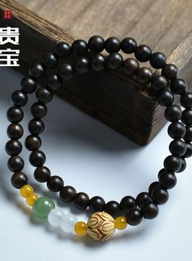 天然沉贵宝木双圈diy手串黄杨木莲花玉石款男女情侣手链饰品佛珠