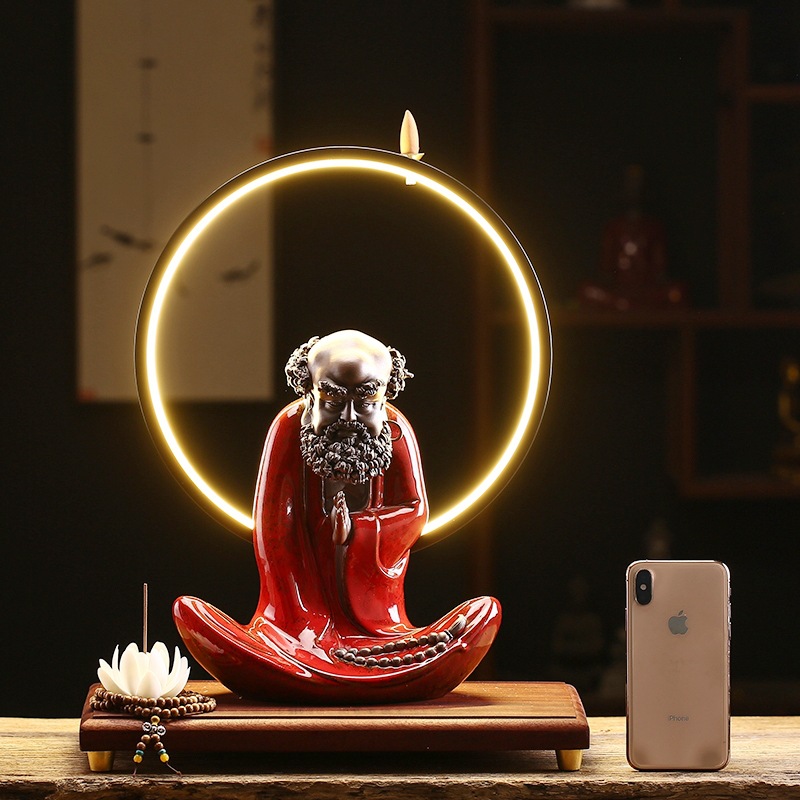 灯圈新中式禅意摆件客厅玄关创意倒流陶瓷香炉达摩佛像空间桌面