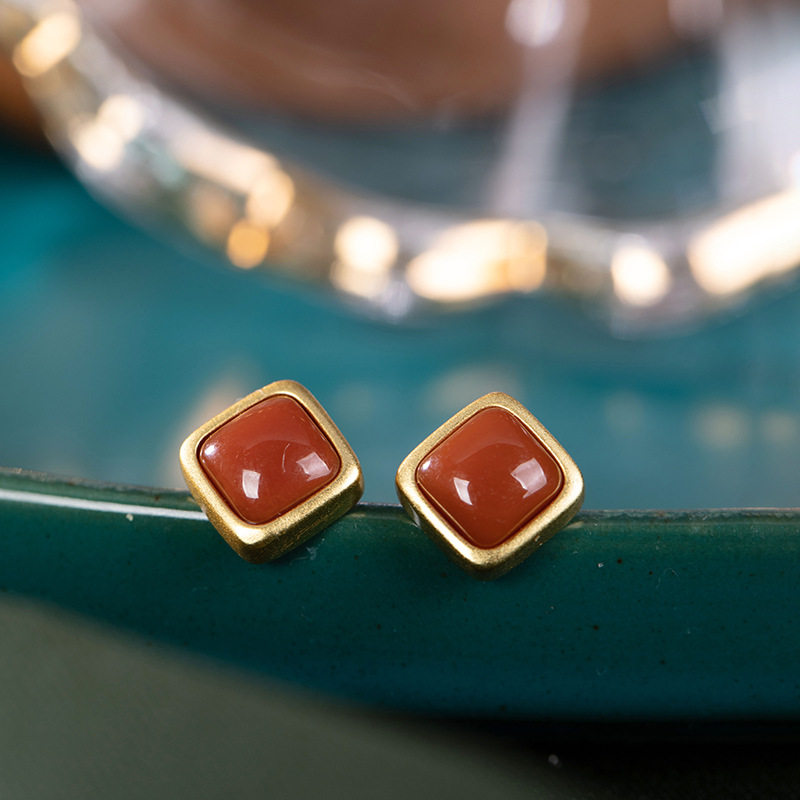 九世银 S925纯银复古个性女士款几何形镀金镶嵌南红玛瑙耳钉耳饰,饰品/流行首饰/时尚饰品新,耳钉,淘宝优惠券,粉丝福利购,淘宝优惠卷