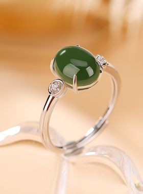 九世银S925纯银天然和田玉碧玉戒指蛋面气质时尚女士开口爪镶指环