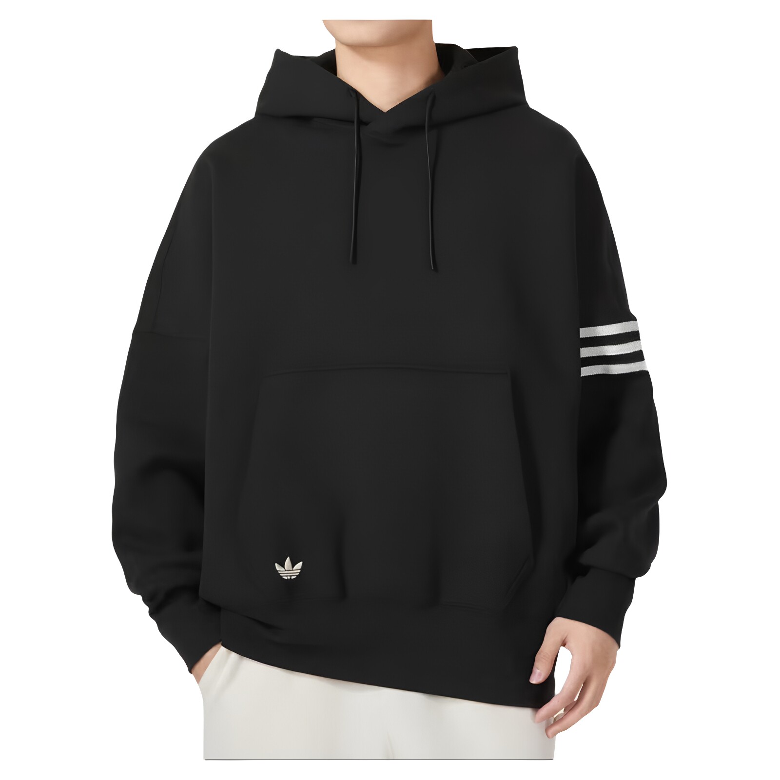Adidas阿迪达斯三条纹图案男子抽绳连帽长袖休闲套头卫衣HM1871