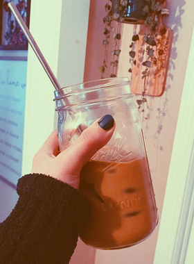 masonjar大容量玻璃吸管杯便携竹木盖果汁杯梅森密封罐冷萃咖啡杯