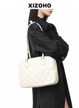 兮兮定制包包女2025新款大容量手提波士顿保龄球包菱格单肩托特包