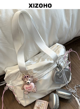 2025韩国新款蝴蝶结抽绳芭蕾风单肩腋下包休闲温柔托特手提包包女