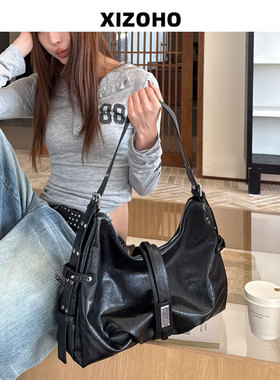 XIZOHO黑色软皮托特包女大容量美拉德单肩复古2025秋冬新款斜挎包