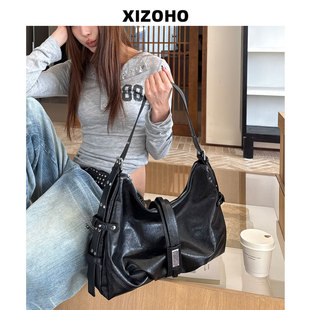 XIZOHO黑色软皮托特包女大容量美拉德单肩复古2025秋冬新款斜挎包