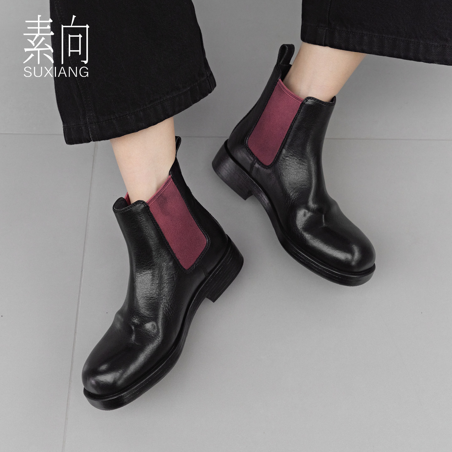 素向头层牛皮切尔西靴图片