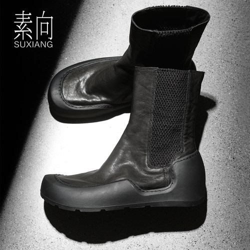 素向复古头层马皮短靴