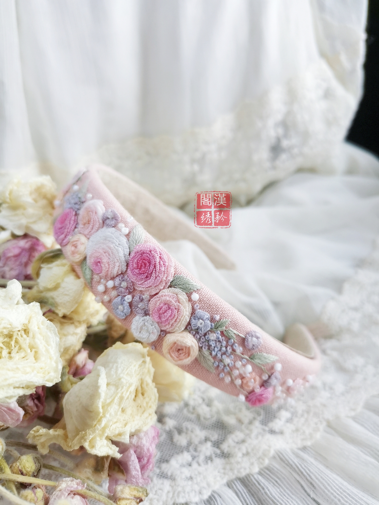 【漢矜閣】手工刺绣温柔淑女头饰甜美仙女发饰复古百搭发箍