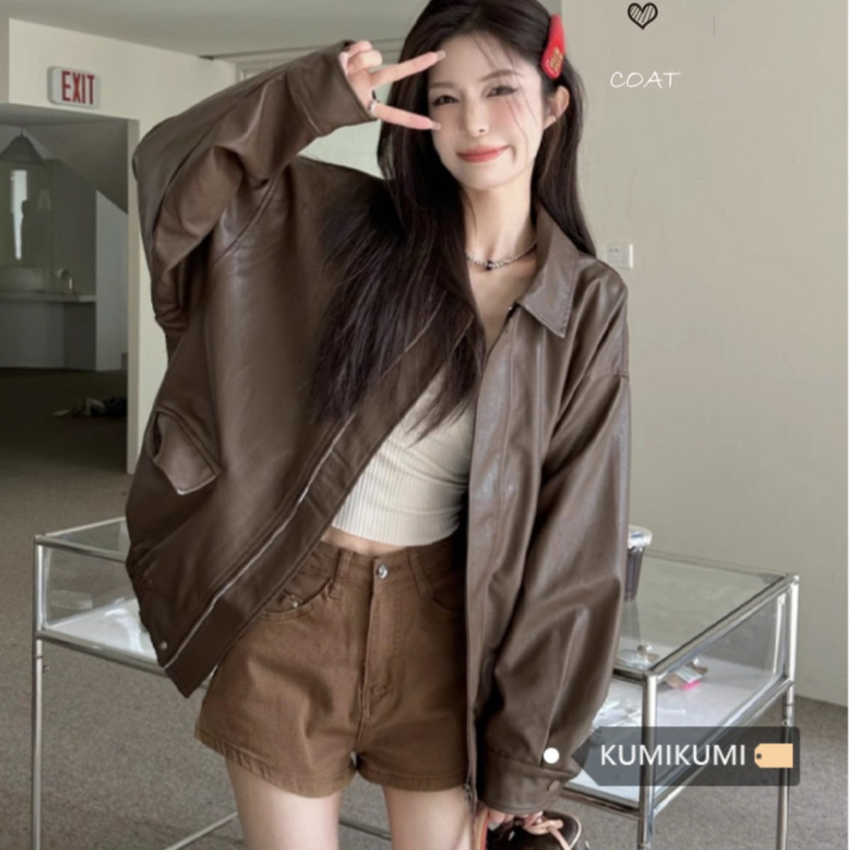 复古美式咖色皮衣夹克外套女秋季黑色甜酷风机车PU皮宽松长袖上衣