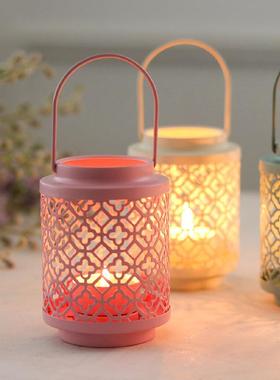 仿古批发新款铁艺复古烛台创意镂空灯笼蜡烛杯桌面电镀中国风摆件