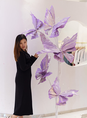 新款网红立体EVA紫色闪粉大蝴蝶花仿真婚庆舞台装饰橱窗美陈布置