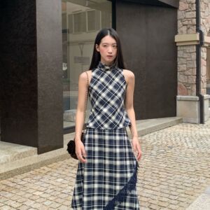 MM 日系S家25早秋新款复古格纹无袖小背心立领小个子内搭小衫上衣