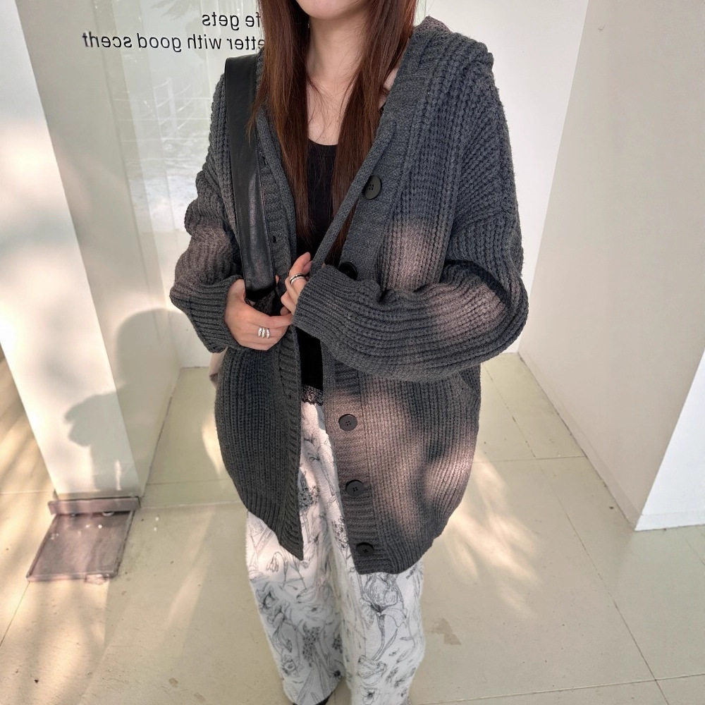 MM S家25早秋新款韩版淑女慵懒风宽松连帽针织开衫百搭外套毛衣女