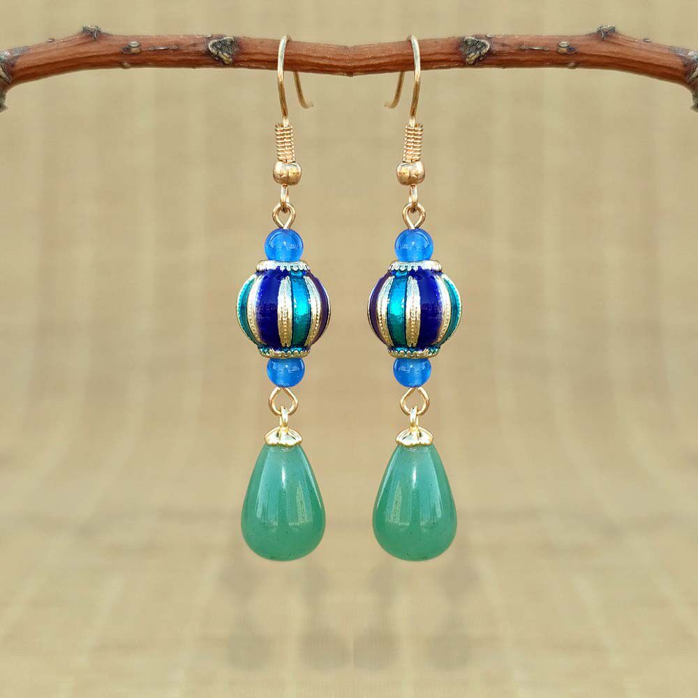 古风耳环景泰蓝耳坠东陵玉石短款耳饰汉服复古装搭配旗袍国风饰品