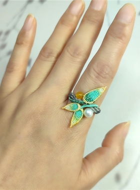 清新素雅竹叶珍珠戒指