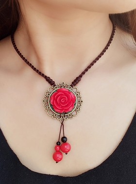 民族风红色花朵短款项链