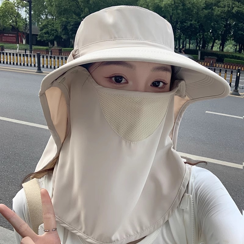 女士夏季户外旅游钓鱼大檐全方位遮脸面罩护颈一体防晒帽