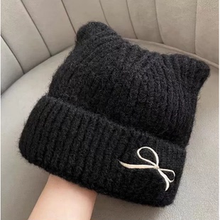 甜美可爱猫耳朵针织帽子女款新款秋冬款保暖毛线帽大头围