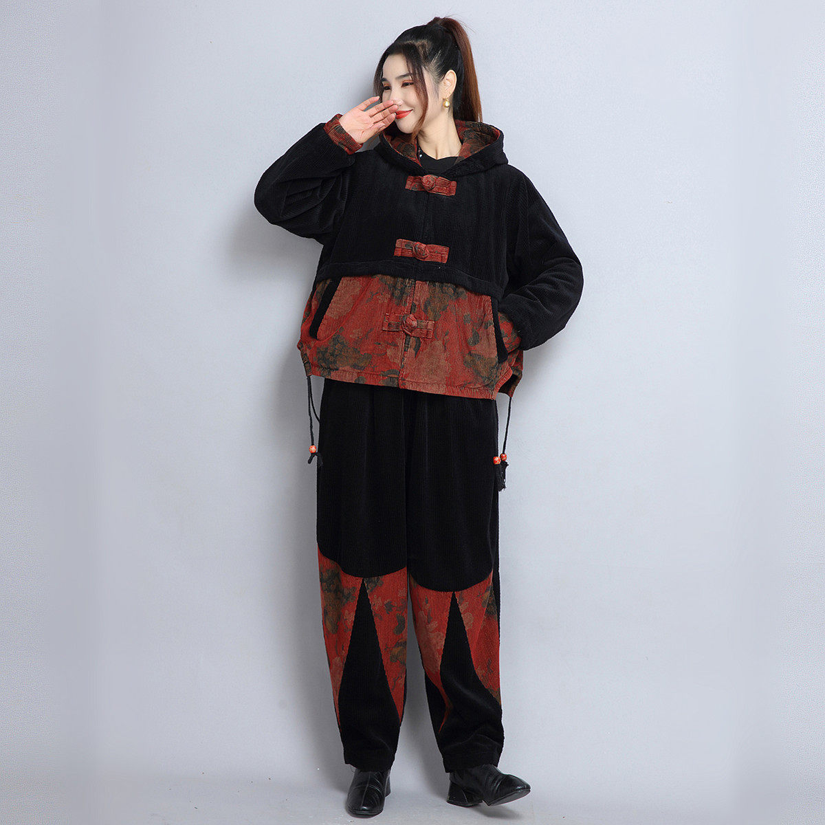 冬中式加绒灯芯绒妈妈棉服两件套