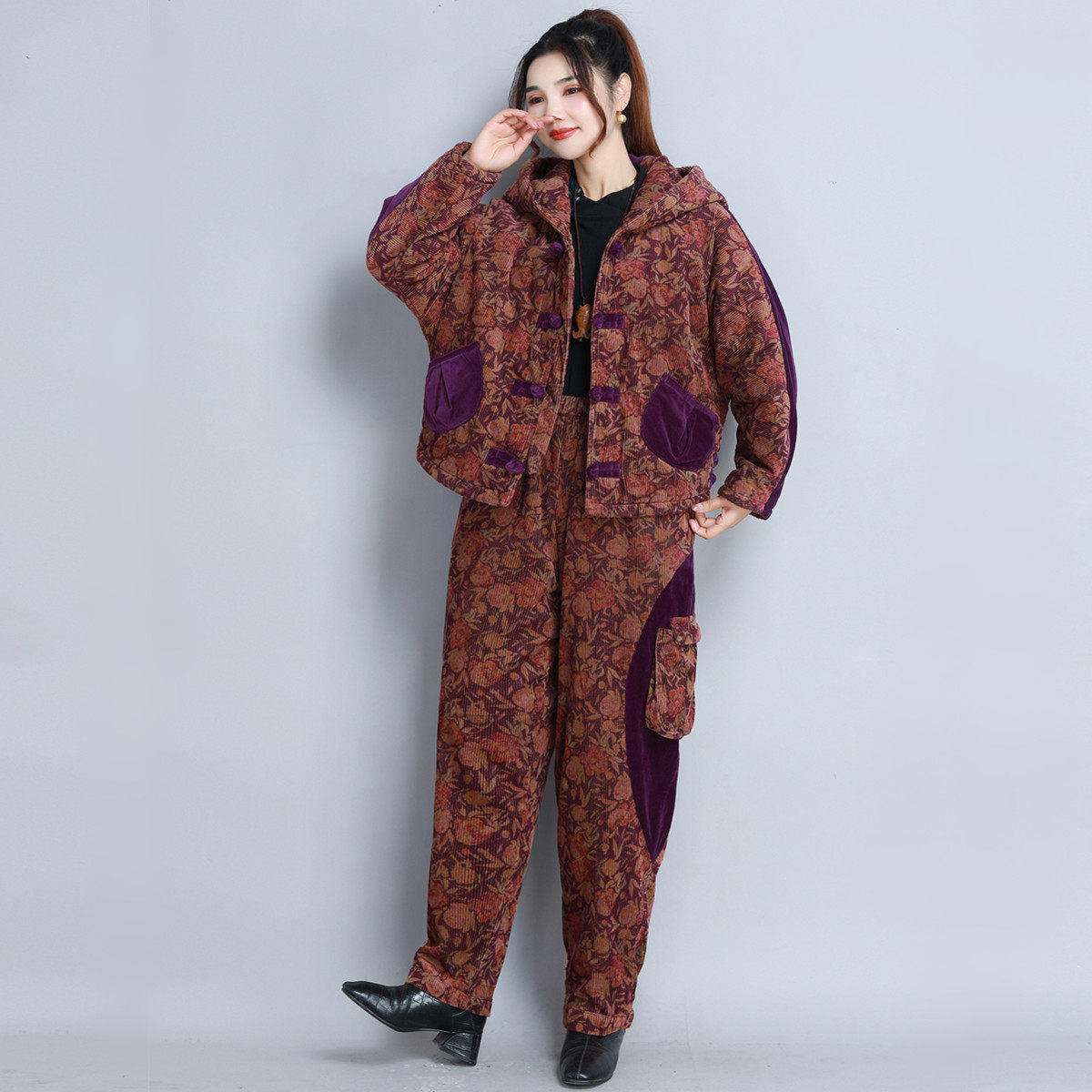 冬季女灯芯绒加厚保暖大码两件套