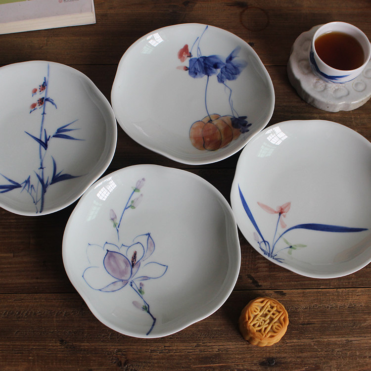 景德镇 釉下彩手绘雅致花边碟梅兰竹菊玉兰南瓜小点心盘子14厘米