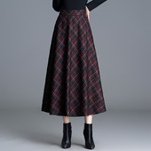 2025新款 格子毛呢半身裙女秋冬中长高腰显瘦大码 百褶伞裙a字裙子