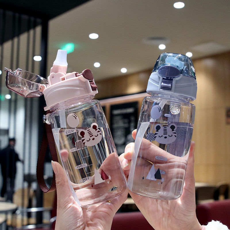 塑料水杯高颜值带刻度便携卡通弹盖可爱孕妇小孩男女学生吸管杯子