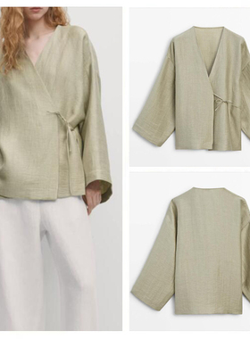 西班牙女装2025秋季新中式清新绿色斜襟系带轻薄V领长袖衬衫上衣