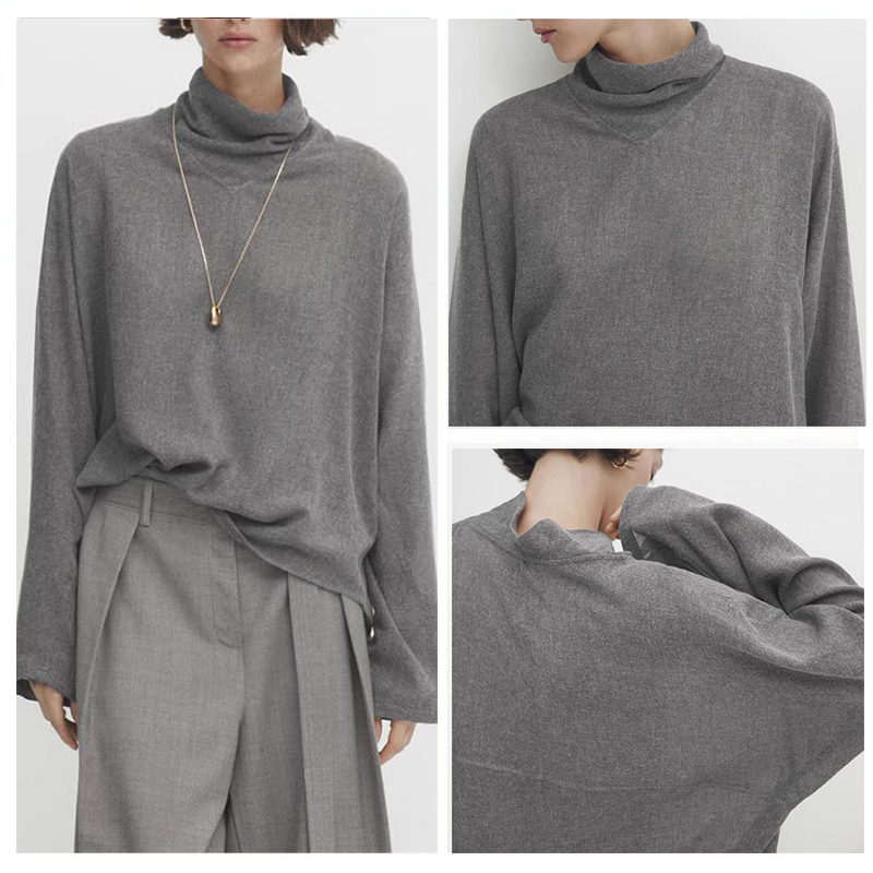 西班牙女装 现货 秋冬季休闲慵懒风垂坠感内搭高领长袖T恤打底衫