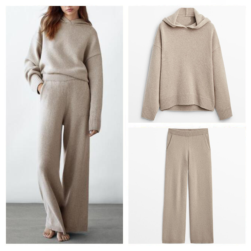 西班牙北欧女装2025年秋冬季新款针织休闲宽松版纯色卫衣女士套装